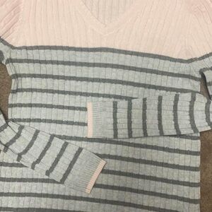 Striped V-Neck Sweater - Pink and Gray